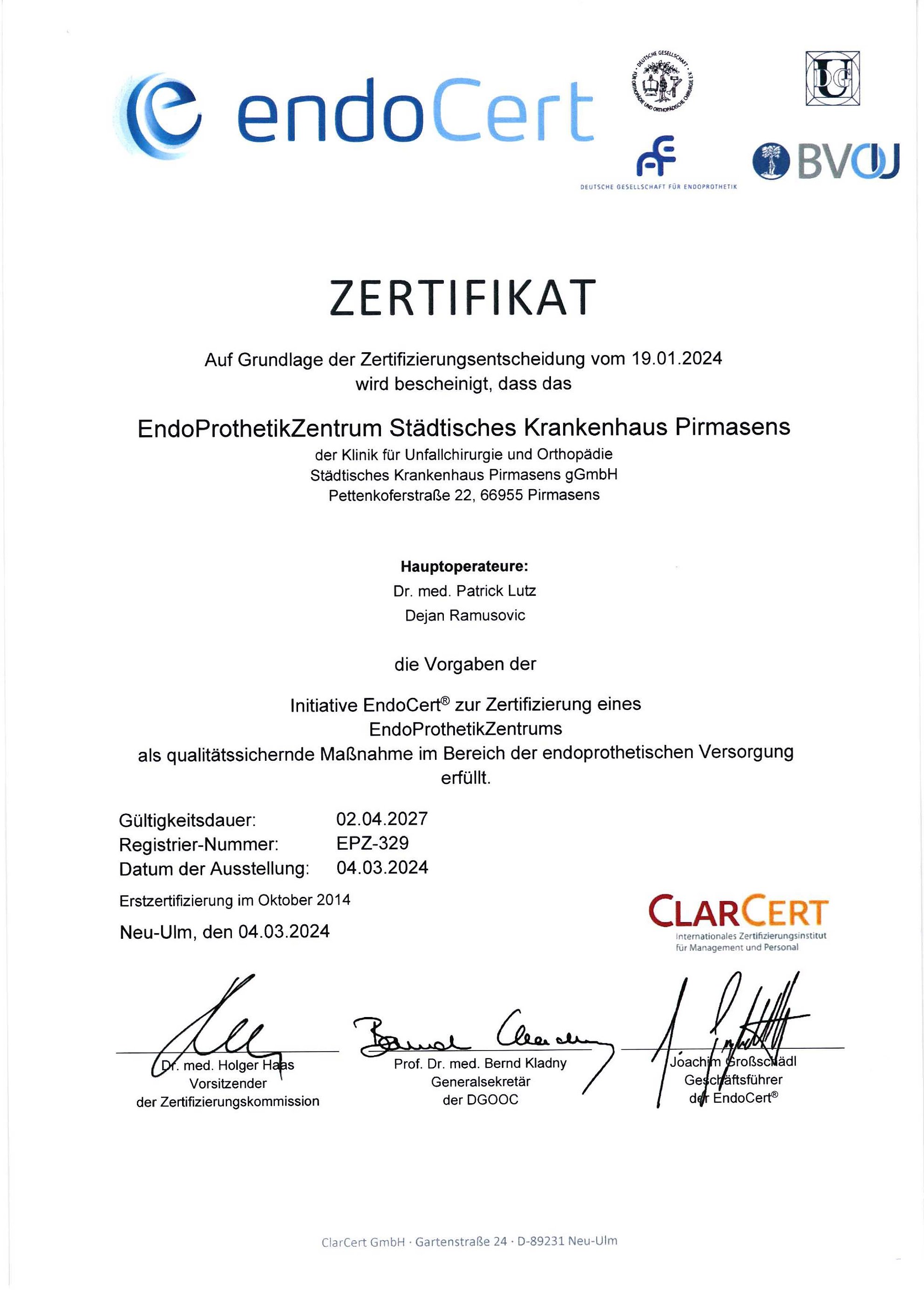 Zertifizierungen EndoProthetikZentrum Zentren Pirmasens