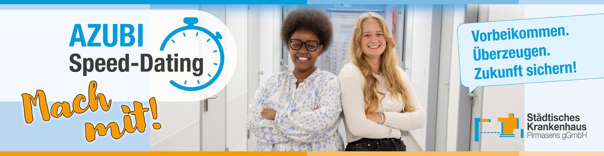 zwei Auszubildende laden zum AZUBI-Speed-Dating ein