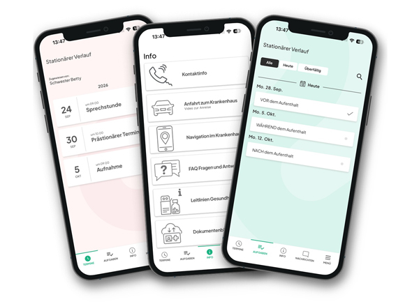 drei Smartphone-Bildschirme mit Seiten der Emento-App