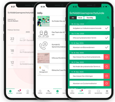 drei Bildschirme auf Mobiltelefon mit der Patienten-App