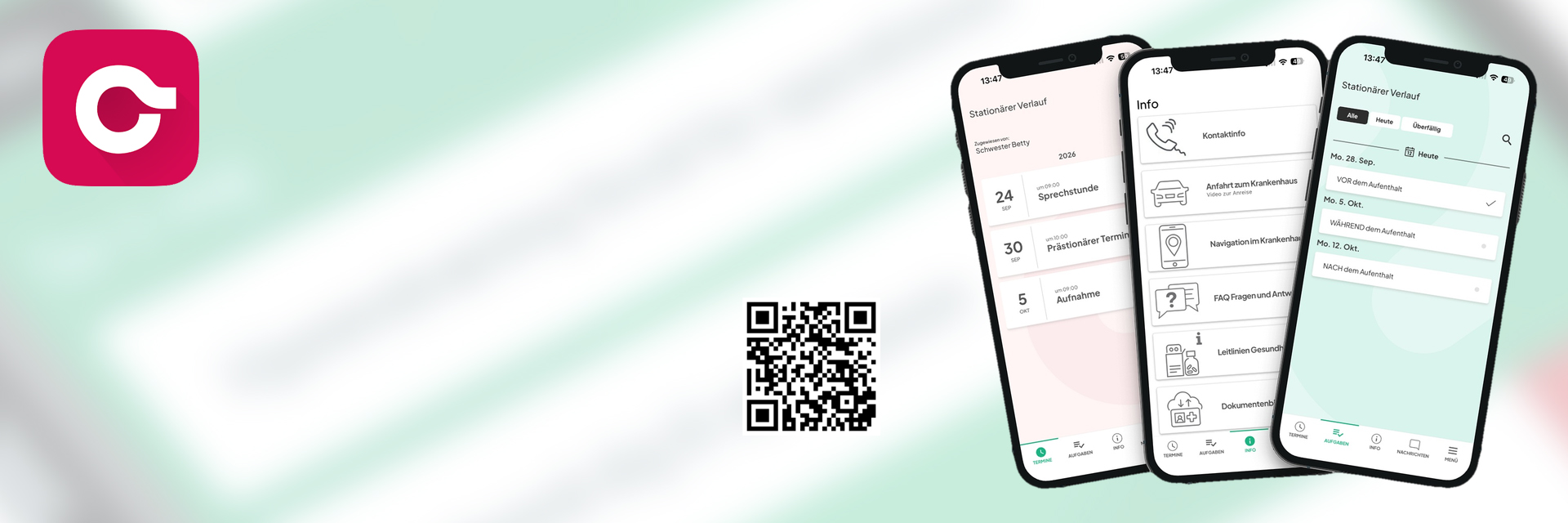 Collage aus App-Icon, QR-Code und Smartphone-Screen